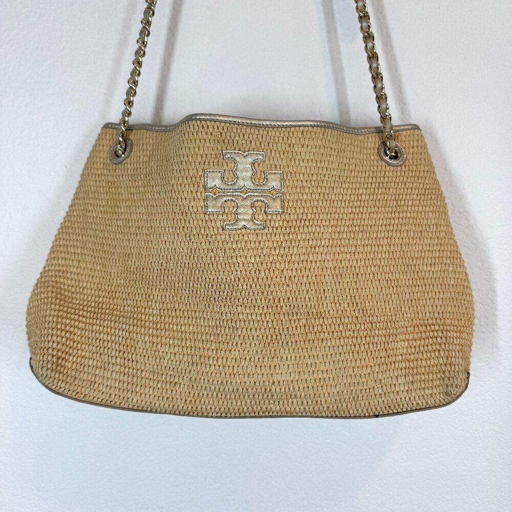 Tory Burch Woven Shoulder Bag Purse Tote Gold Accents Tassels Natural - Picture 3 of 15